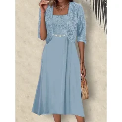 Women's Two Piece Dress Set Party Dress Lace Dress Party Wedding Guest Elegant Modern Lace Patchwork Midi Dress Crew Neck Half Sleeve Floral Plain Regular Fit Pink Blue Purple Summer Spring S M L XL -Party Prom Dresses Sales Store pzfcbw1687230637897