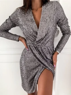 Women's Party Dress Sequin Dress Sheath Dress Mini Dress Silver Black Pink Long Sleeve Pure Color Sequins Fall Winter Autumn V Neck Fashion Party Winter Dress Birthday 2022 S M L XL XXL 3XL 4XL 5XL -Party Prom Dresses Sales Store pzkpxh1634099226839