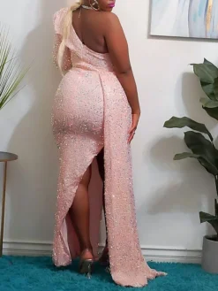 Women‘s Prom Dress Party Dress Sequin Dress Long Dress Maxi Dress White Pink Wine Long Sleeve Pure Color Sparkly Glitter Sequins Spring Fall Winter One Shoulder Fashion Winter Dress Wedding -Party Prom Dresses Sales Store pznhul1693808445870