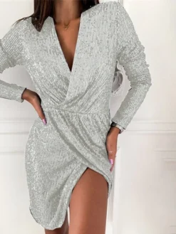 Women's Party Dress Sequin Dress Sheath Dress Mini Dress Silver Black Pink Long Sleeve Pure Color Sequins Fall Winter Autumn V Neck Fashion Party Winter Dress Birthday 2022 S M L XL XXL 3XL 4XL 5XL -Party Prom Dresses Sales Store pznpgw1667458108964