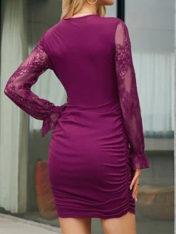 Women's Party Dress Homecoming Dress Cocktail Dress Mini Dress Black Red Blue Long Sleeve Pure Color Lace Fall Winter Autumn V Neck Fashion Winter Dress Wedding Guest Vacation 2023 S M L XL XXL -Party Prom Dresses Sales Store qaybms1695028844190