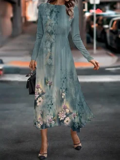 Women's Work Dress Casual Dress Semi Formal Dress Fashion Winter Dress Daily Midi Dress Print Crew Neck Long Sleeve Floral Slim Blue Brown Green Fall Winter S M L XL XXL -Party Prom Dresses Sales Store qbcztb1694750414578