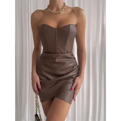 Women's Party Dress Cocktail Dress Bodycon Mini Dress Black White Camel Sleeveless Pure Color Ruched Fall Winter Autumn Strapless Fashion Vacation 2023 S M L -Party Prom Dresses Sales Store qblltz1695635806912