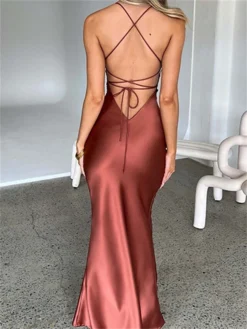 Women‘s Party Dress Satin Dress Sheath Dress Long Dress Maxi Dress Black Brown Sleeveless Pure Color Backless Winter Fall Spring Spaghetti Strap Fashion Party Evening Party Loose Fit 2023 S M L -Party Prom Dresses Sales Store qbndrv1671789824921