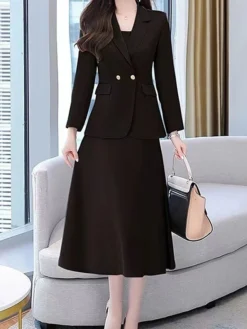 Women's Two Piece Dress Set Work Dress Skirt Set Formal Office Streetwear Elegant Button Pocket Midi Dress Shirt Collar Long Sleeve Plain Regular Fit Black Purple Beige Fall Winter M L XL XXL 3XL -Party Prom Dresses Sales Store qcynxo1694498846782