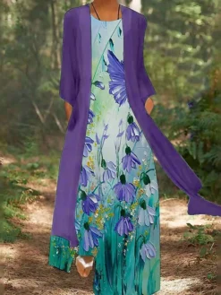 Women's Casual Dress Dress Set Two Piece Dress Long Dress Maxi Dress Blue Purple Long Sleeve Floral Print Summer Spring Crew Neck Vacation Winter Dress Fall Dress Loose Fit 2023 M L XL XXL 3XL 4XL 5XL