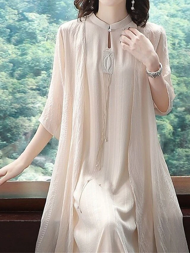 Women's Two Piece Dress Set Casual Dress Chiffon Dress Daily Holiday Fashion Streetwear Layered Midi Dress Stand Collar 3/4 Length Sleeve Plain Regular Fit White Beige Fall Winter M L XL XXL 3XL 5 Women's Two Piece Dress Set Casual Dress Chiffon Dress Daily Holiday Fashion Streetwear Layered Midi Dress Stand Collar 3/4 Length Sleeve Plain Regular Fit White Beige Fall Winter M L XL XXL 3XL - Image 5