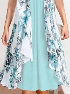 Women's Two Piece Dress Set Casual Dress Chiffon Dress Daily Holiday Fashion Modern Print Midi Dress Crew Neck Short Sleeve Floral Regular Fit Blue Summer Spring S M L XL XXL -Party Prom Dresses Sales Store qdmopw1681727714490