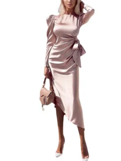 Women‘s Party Dress Wedding Guest Dress Satin Dress Pink Dress Midi Dress Pink Long Sleeve Print Ruched Winter Fall Autumn Crew Neck Elegant Wedding Party Winter Dress 2023 S M L XL XXL -Party Prom Dresses Sales Store qehyky1678437566624