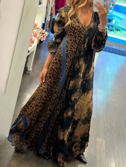Women's Work Dress Casual Dress Swing Dress Fashion Winter Dress Daily Long Dress Maxi Dress Ruched Print V Neck Long Sleeve Leopard Loose Fit Brown Fall Winter S M L XL XXL