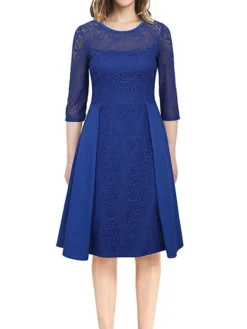 Women's Party Dress Lace Dress Swing Dress Mini Dress Black Wine Blue 3/4 Length Sleeve Pure Color Lace Spring Fall Winter Crew Neck Fashion Party Spring Dress 2023 S M L XL XXL 3XL 4XL -Party Prom Dresses Sales Store qesgad1671604319156