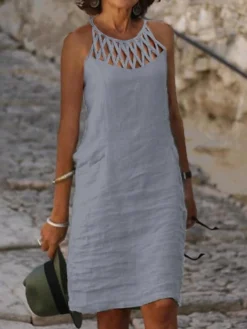 Women's Casual Dress Cotton Linen Dress Shift Dress Mini Dress Cotton Blend Modern Casual Outdoor Daily Vacation Halter Ruched Hollow Out Sleeveless Summer Spring 2023 Regular Fit Black White Blue -Party Prom Dresses Sales Store qfgkog1680261160213