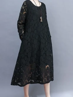 Women's Work Dress Lace Dress Black Dress Fashion Midi Dress Lace Crew Neck Long Sleeve Plain Loose Fit Black White Pink Fall Winter M L XL XXL 3XL -Party Prom Dresses Sales Store qfoorp1693300610588