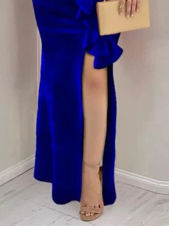 Women‘s Cocktail Party Dress Wedding Guest Dress Velvet Dress Long Dress Maxi Dress Blue Short Sleeve Pure Color Ruffle Winter Fall Spring V Neck Elegant Vacation 2023 S M L XL -Party Prom Dresses Sales Store qfxvya1636449158084