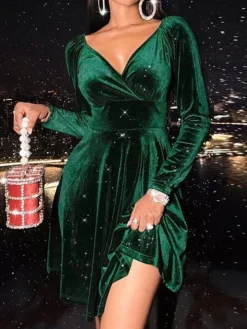 Women's Party Dress Velvet Dress Homecoming Dress Mini Dress Black Red Blue Long Sleeve Pure Color Ruched Spring Fall Winter V Neck Fashion Winter Dress Wedding Guest Evening Party 2023 S M L XL -Party Prom Dresses Sales Store qfzaod1692351234219