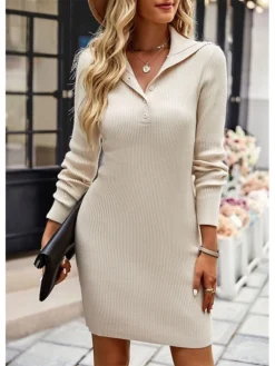 Women‘s Sweater Dress Winter Dress Bodycon Green Pink Champagne Brown Black Long Sleeve Pure Color Button Spring Summer Shirt Collar Stylish Modern 2022 S M L XL Sheath Dress