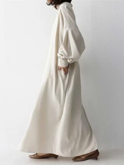 Women's Casual Dress Cotton Linen Dress Abaya Maxi Long Dress Linen / Cotton Blend Basic Classic Outdoor Daily Vacation Crew Neck Button Long Sleeve Spring Fall Winter 2023 Loose Fit Black Apricot -Party Prom Dresses Sales Store qgdkoo1692341109959