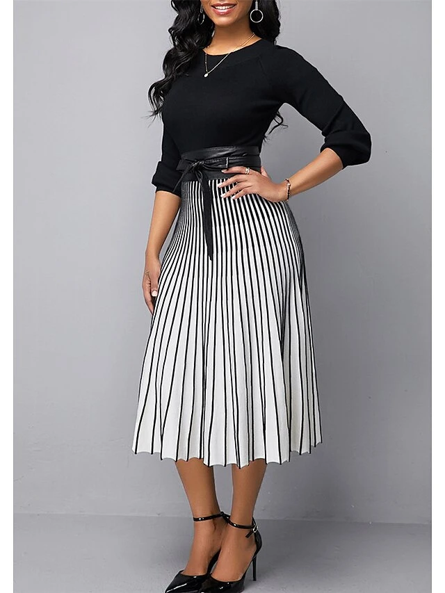 Women's A Line Dress Modern Dress Church Dress Midi Dress Black Long Sleeve Striped Patchwork Summer Spring Crew Neck Elegant Winter Dress Fall Dress 2023 S M L XL 2XL 3XL 4XL 5XL 3 Women's A Line Dress Modern Dress Church Dress Midi Dress Black Long Sleeve Striped Patchwork Summer Spring Crew Neck Elegant Winter Dress Fall Dress 2023 S M L XL 2XL 3XL 4XL 5XL - Image 3
