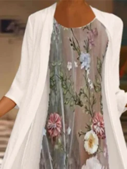 Women's Dress Set Two Piece Dress Chiffon Dress Midi Dress Beige 3/4 Length Sleeve Floral Chiffon Fall Winter Autumn Crew Neck Stylish Loose Fit 2023 M L XL XXL 3XL 4XL 5XL -Party Prom Dresses Sales Store qgvjns1650616087740