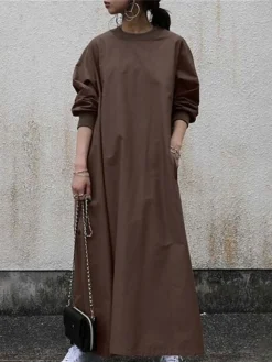 Women's Work Dress Shift Dress Semi Formal Dress Fashion Long Dress Maxi Dress Pocket Crew Neck Long Sleeve Plain Loose Fit Black Brown Light Blue Fall Winter S M L XL XXL -Party Prom Dresses Sales Store qgvlrw1693895815242