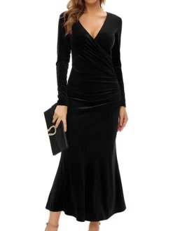 Women‘s Party Dress Wedding Guest Dress Sheath Dress Trumpet / Mermaid Dress Long Dress Maxi Dress Black Wine Purple Long Sleeve Pure Color Ruched Fall Autumn V Neck Elegant Winter Dress Evening Party
