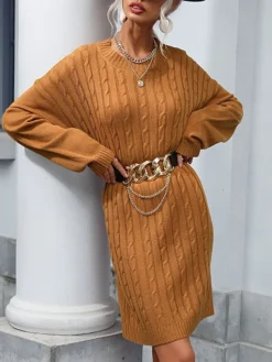 Women's Sweater Dress Jumper Dress Casual Dress Mini Dress Warm Pure Color Outdoor Casual Daily Going Out Crew Neck Long Sleeve 2023 Loose Fit Camel S M L -Party Prom Dresses Sales Store qhnodu1695106687939