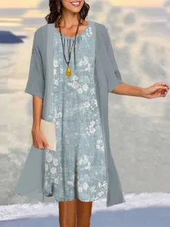 Women's Two Piece Dress Set Casual Dress Print Dress Outdoor Daily Fashion Elegant Print Midi Dress Crew Neck 3/4 Length Sleeve Floral Regular Fit Navy Blue Green Gray Summer Spring S M L XL XXL -Party Prom Dresses Sales Store qhsgnw1683710366146