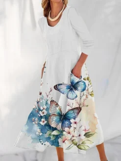 Women's Casual Dress Cotton Linen Dress Swing Dress Maxi Long Dress Polyester Fashion Casual Daily Outdoor Daily Vacation V Neck Split Print Long Sleeve Summer Spring Fall 2023 Loose Fit White Navy