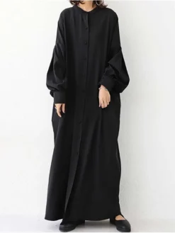 Women's Casual Dress Cotton Linen Dress Abaya Maxi Long Dress Linen / Cotton Blend Basic Classic Outdoor Daily Vacation Crew Neck Button Long Sleeve Spring Fall Winter 2023 Loose Fit Black Apricot -Party Prom Dresses Sales Store qiaaha1692341112908