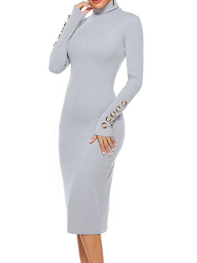 Women's Sweater Dress Midi Dress Dark Blue Gray Long Sleeve Pure Color Button Fall Winter Autumn Turtleneck Casual Winter Dress Fall Dress 2022 S M L XL XXL 3XL 4XL 5XL 8 Women's Sweater Dress Midi Dress Dark Blue Gray Long Sleeve Pure Color Button Fall Winter Autumn Turtleneck Casual Winter Dress Fall Dress 2022 S M L XL XXL 3XL 4XL 5XL - Image 8