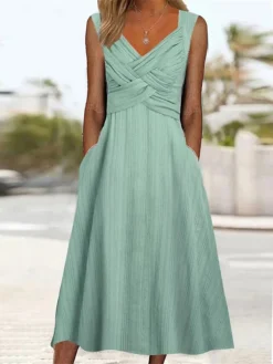 Women's Two Piece Dress Set Casual Dress Chiffon Dress Daily Vacation Fashion Elegant Twist Knot Front Midi Dress V Neck 3/4 Length Sleeve Plain Regular Fit Blue Green Summer Spring S M L XL XXL -Party Prom Dresses Sales Store qijlha1680776134870