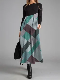 Women's Work Dress Casual Dress Swing Dress Fashion Winter Dress Daily Long Dress Maxi Dress Button Print V Neck Long Sleeve Geometric Plaid Regular Fit Blue Orange Brown Fall Winter S M L XL XXL -Party Prom Dresses Sales Store qitbaq1695887963090