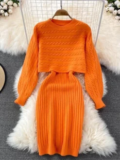 Women's Two Piece Dress Set Casual Dress Sheath Dress Outdoor Daily Fashion Streetwear Ruched Midi Dress Crew Neck Long Sleeve Plain Loose Fit Black White Wine Fall Winter One-Size -Party Prom Dresses Sales Store qiwzil1694057145976