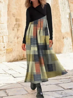 Women's Work Dress Casual Dress Swing Dress Fashion Winter Dress Daily Long Dress Maxi Dress Button Print V Neck Long Sleeve Geometric Houndstooth Regular Fit Yellow Blue Khaki Fall Winter S M L XL