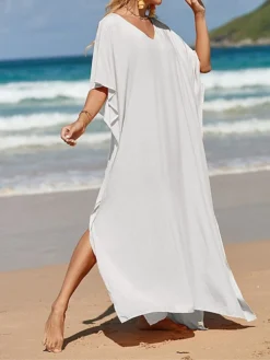 Women's White Dress A Line Dress Cover Up Long Dress Maxi Dress Cotton Basic Casual Outdoor Daily Vacation V Neck Split 3/4 Length Sleeve Summer Spring Fall 2022 Loose Fit Black White Yellow Plain -Party Prom Dresses Sales Store qkpjen1672828142925