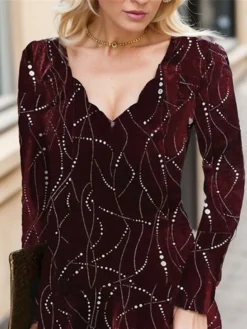 Women's Velvet Dress Party Dress Cocktail Dress Mini Dress Wine Long Sleeve Geometric Ruched Spring Fall Winter V Neck Fashion Winter Dress Christmas Wedding Guest 2023 S M L XL XXL 3XL -Party Prom Dresses Sales Store qktgqn1697594544848