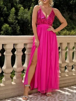 Women's Sequin Dress Swing Dress Slip Dress Long Dress Maxi Dress Purple Fuchsia Dark Blue Sleeveless Pure Color Sequins Summer Spring Spaghetti Strap Party Wedding Guest Evening Party Slim 2023 S M -Party Prom Dresses Sales Store qkuqji1675160235197
