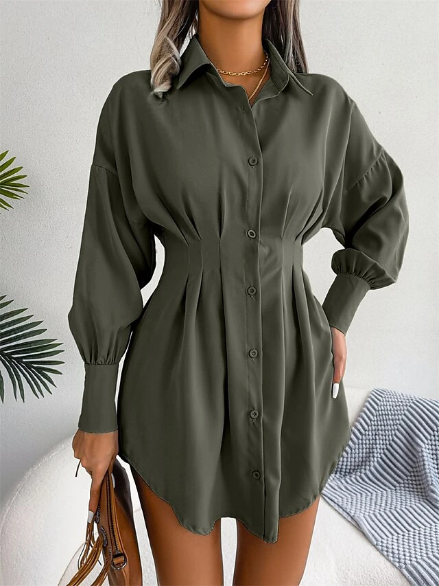 Women's Work Dress White Dress Semi Formal Dress Fashion Office Daily Workfashion Mini Dress Ruched Button Shirt Collar Long Sleeve Plain Loose Fit White Blue Army Green Fall Winter S M L XL 16 Women's Work Dress White Dress Semi Formal Dress Fashion Office Daily Workfashion Mini Dress Ruched Button Shirt Collar Long Sleeve Plain Loose Fit White Blue Army Green Fall Winter S M L XL - Image 16