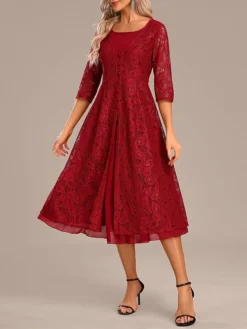 Women's Party Dress Lace Dress Cocktail Dress Midi Dress Red 3/4 Length Sleeve Pure Color Lace Spring Fall Winter Crew Neck Fashion Winter Dress Christmas Wedding Guest 2023 S M L XL XXL 3XL -Party Prom Dresses Sales Store qlcgyn1697613768944