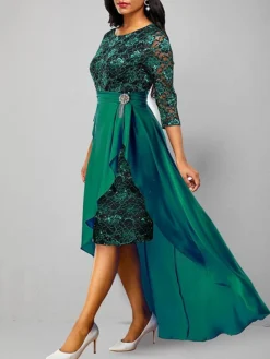 Women's Prom Dress Party Dress Lace Dress Long Dress Maxi Dress Green 3/4 Length Sleeve Pure Color Lace Spring Fall Winter V Neck Fashion Wedding Guest Evening Party Vacation 2023 S M L XL XXL 3XL -Party Prom Dresses Sales Store qlorne1695030118458