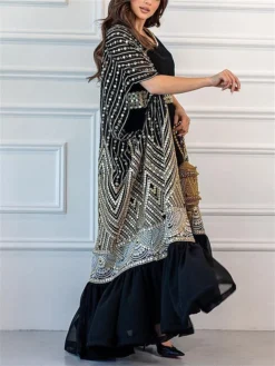 Women's Two Piece Dress Set Party Dress Sheath Dress Party Cocktail Party Fashion Party Lace Up Ruched Long Dress Maxi Dress Crew Neck Short Sleeve Print Loose Fit Black White Green Fall Winter S M L -Party Prom Dresses Sales Store qmbqpg1696691502926