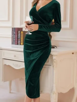 Women's Cocktail Party Dress Green Velvet Dress Black Dress Wedding Guest Dress Bodycon Midi Dress Purple Wine Dark Long Sleeve Pure Color Ruched Split V Neck -Party Prom Dresses Sales Store qnblcr1665293396271