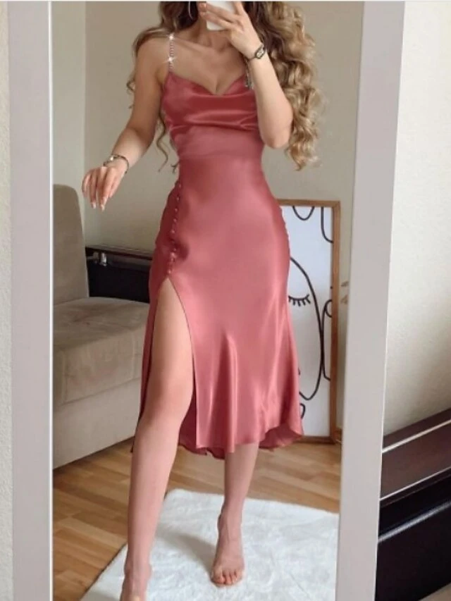 Women‘s Party Dress Stain Knee Length Dress Light Pink Red Sleeveless Pure Color Split Button Spring Summer Cold Shoulder Elegant Sexy Party 2023 S M L XL 1 Women‘s Party Dress Stain Knee Length Dress Light Pink Red Sleeveless Pure Color Split Button Spring Summer Cold Shoulder Elegant Sexy Party 2023 S M L XL