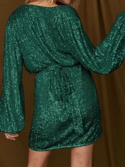 Women‘s Party Dress Sequin Dress Homecoming Dress Cocktail Dress Mini Dress Black White Champagne Long Sleeve Pure Color Sparkly Glitter Lace Up Fall Winter Autumn V Neck Wedding Guest -Party Prom Dresses Sales Store qndwup1694592551560