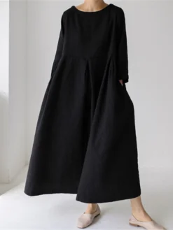 Women's Cotton Linen Dress Casual Dress Swing Dress Maxi Long Dress Cotton Blend Basic Classic Outdoor Daily Crew Neck Pocket Smocked Long Sleeve Summer Spring Fall 2023 Loose Fit Black Yellow Green -Party Prom Dresses Sales Store qnesoi1673850080096