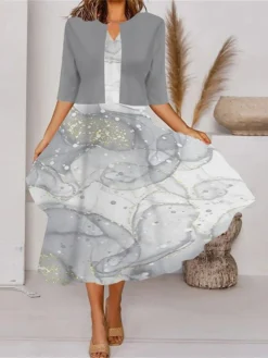 Women's Two Piece Dress Set Casual Dress Tank Dress Outdoor Daily Fashion Streetwear Pocket Print Midi Dress V Neck 3/4 Length Sleeve Geometric Color Block Regular Fit Black White Blue Spring Fall S -Party Prom Dresses Sales Store qngbmx1690857634787