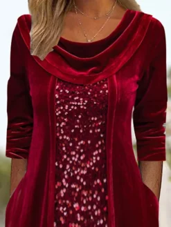 Women‘s Christmas Party Dress Velvet Dress Sequin Dress Midi Dress Wine Long Sleeve Pure Color Sparkly Glitter Sequins Spring Fall Winter Crew Neck Fashion Winter Dress Wedding Guest 2023 -Party Prom Dresses Sales Store qnipnh1693987818840