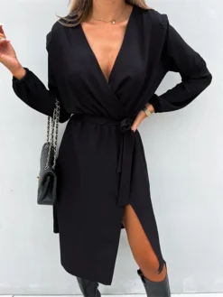 Women's Work Dress Sheath Dress Semi Formal Dress Fashion Midi Dress Lace Up Split V Neck Long Sleeve Polka Dot Loose Fit Black White Red Fall Winter S M L XL XXL -Party Prom Dresses Sales Store qnlpbs1692080006081