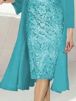Women's Two Piece Dress Set Party Dress Lace Dress Formal Party Fashion Party Lace Midi Dress Crew Neck Long Sleeve Plain Regular Fit Green Fall Winter S M L XL -Party Prom Dresses Sales Store qodxfq1694165922187