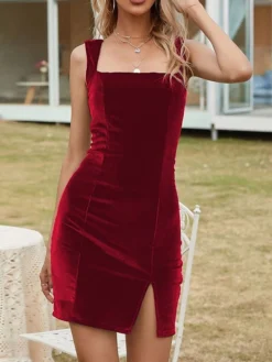 Women‘s Christmas Party Dress Homecoming Dress Velvet Dress Wedding Guest Dress Mini Dress Black Wine Green Sleeveless Pure Color Split Spring Fall Winter Square Neck Fashion Evening Party -Party Prom Dresses Sales Store qogxax1692588473641